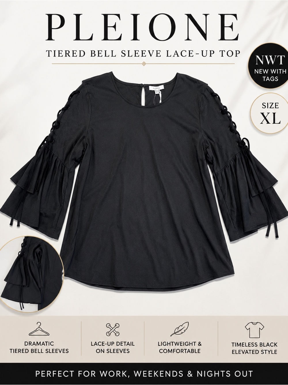 Pleione Tiered Bell Sleeve Lace-Up Top – NWT